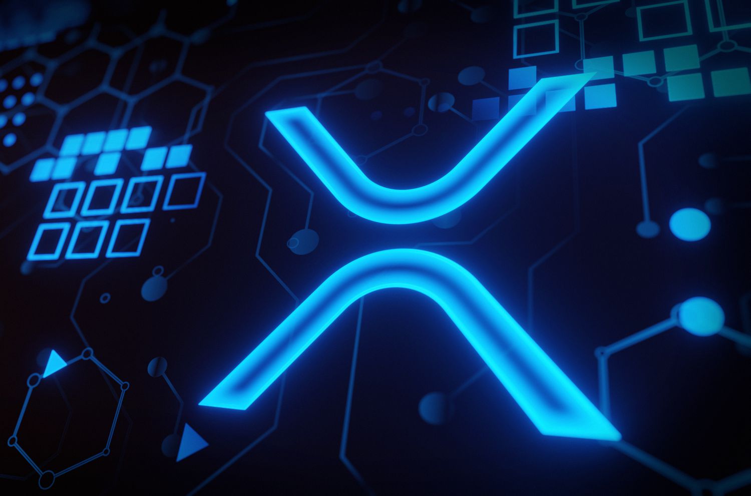 Ripple (XRP) crypto currency theme concept. Ripple coin or XRP icon on modern circuit board background