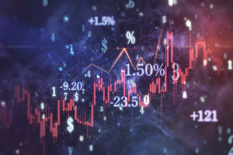 red line graph and numbers, dollar signs, and other mathematical symbols