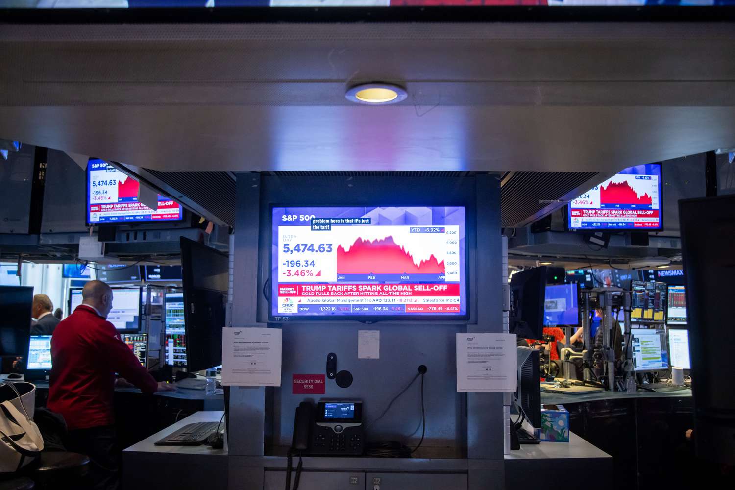A television station broadcasts stock market news on the floor of the New York Stock Exchange.