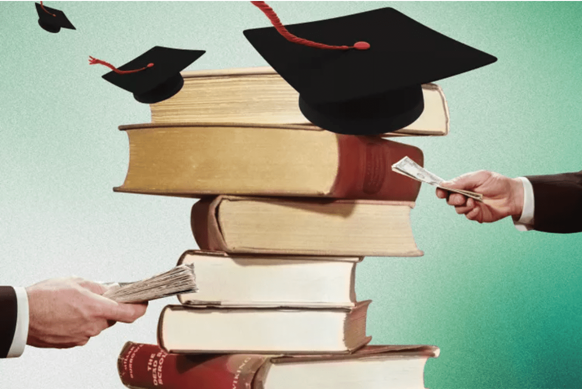 This photo illustration shows books stacked on top of each other with graduation caps and hands holding money.