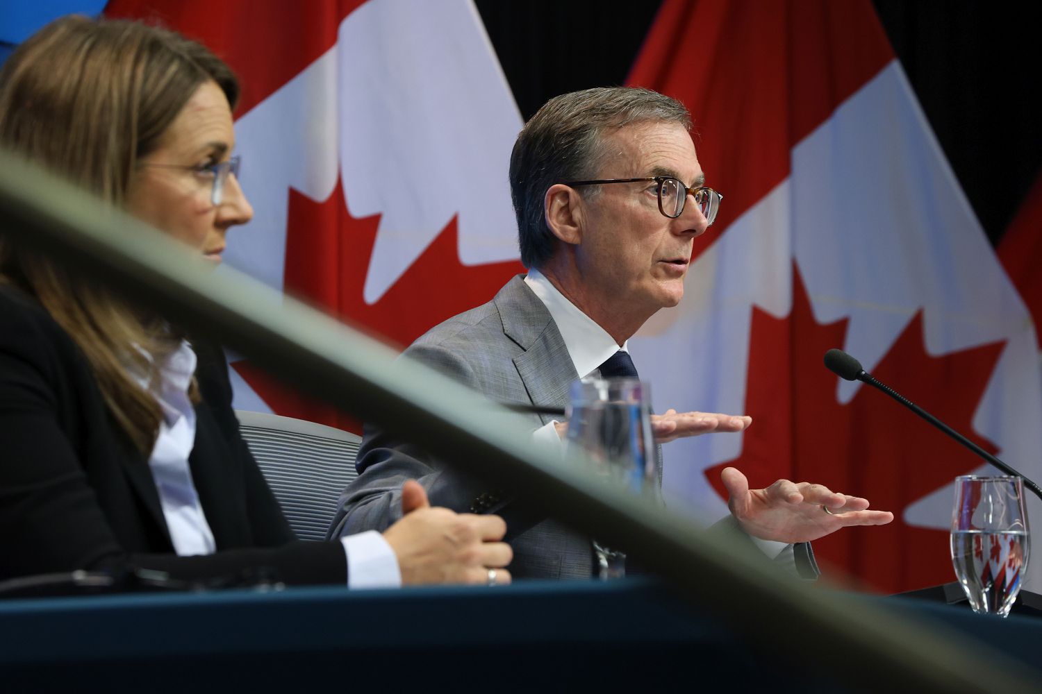 Tiff Macklem, governor of the Bank of Canada, right, and Carolyn Rogers, senior deputy governor of the Bank of Canada, during a news conference in Ottawa, Ontario, on June 5, 2024