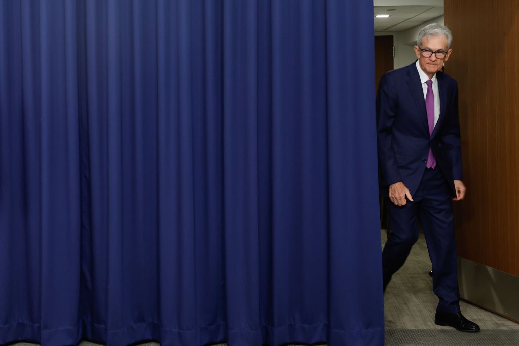 Federal Reserve Bank Chair Jerome Powell arrives for a press conference where he announced that interest rates will remain unchanged during a news conference at the bank's William McChesney Martin building on May 01, 2024 in Washington, DC.