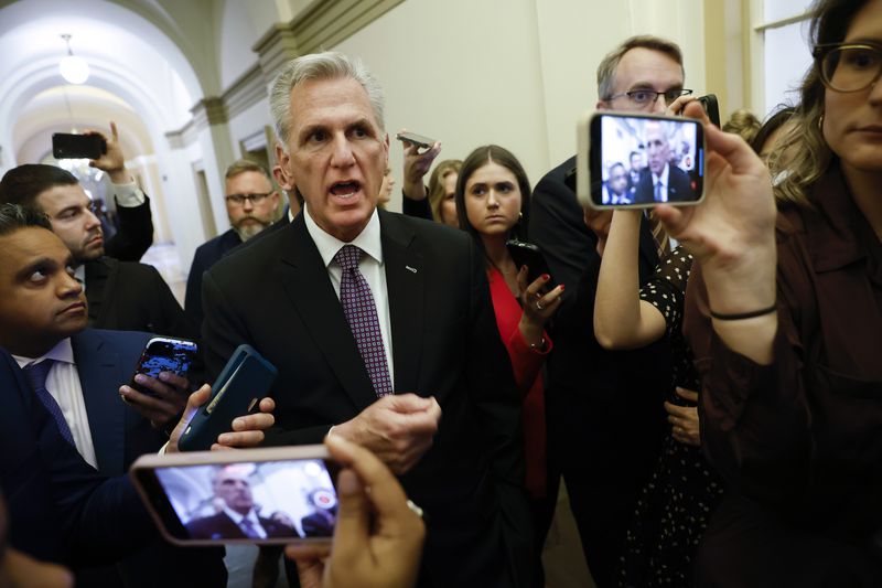 U.S. Speaker of the House Kevin McCarthy (R-CA) talks to reporters at the U.S. Capitol.