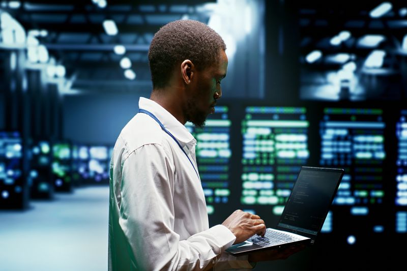 Supervisor monitoring crypto mining supercomputers solving complex mathematical equations. Admin in server farm hosting blockchain technology high volume real time transactions