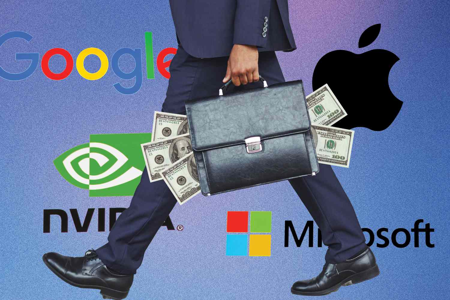illustration of person in suit with office bag full of dollars and tech company logos. nvidia, apple, microsoft, google