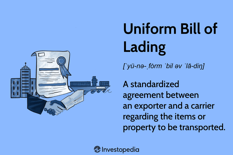 Uniform Bill of Lading: A standardized agreement between an exporter and a carrier regarding the items or property to be transported.