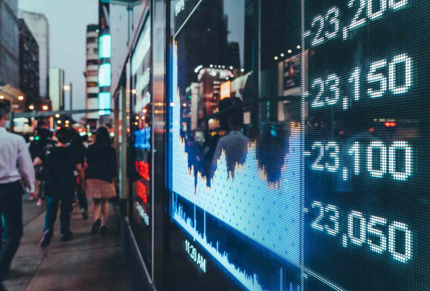 Stock exchange chart on LED display outdoor on the street with people walking past.
