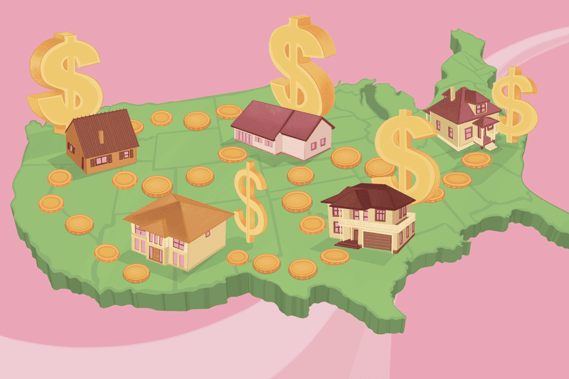 An illustration showing houses on a map of the United States.