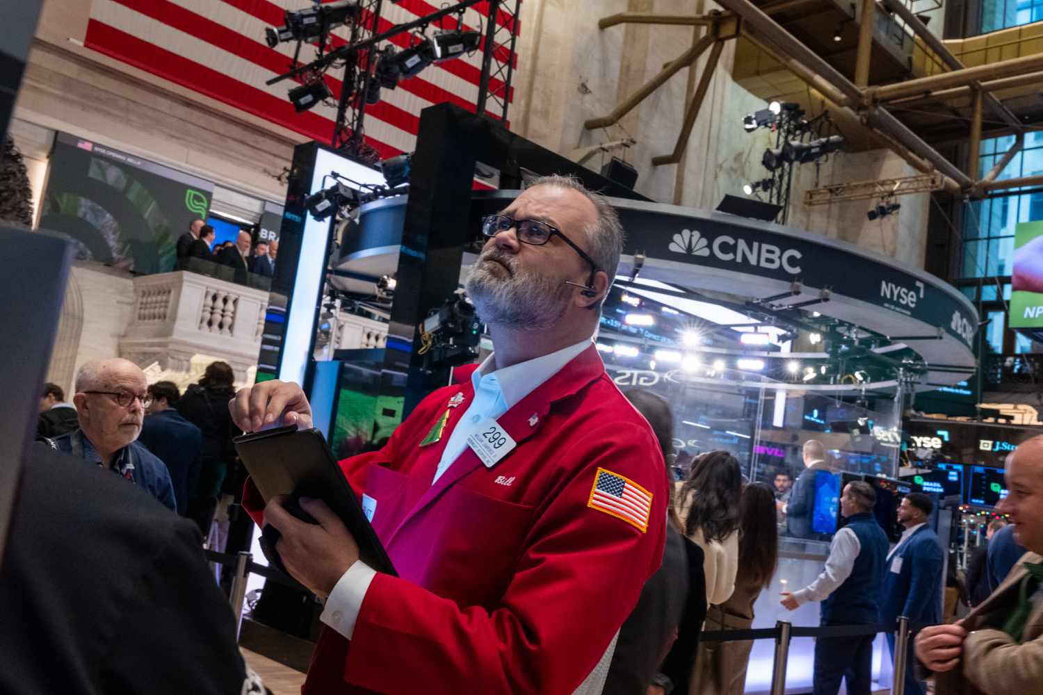 Traders work on the New York Stock Exchange (NYSE) floor