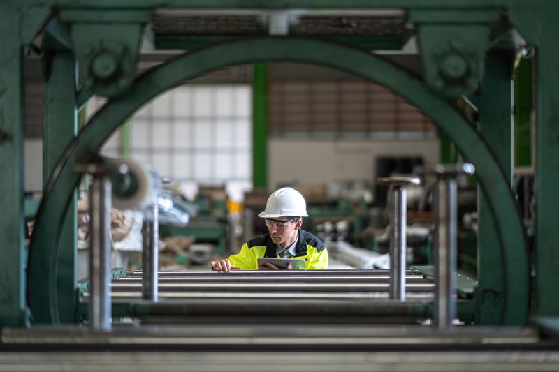 An engineer with a tablet working at a factory