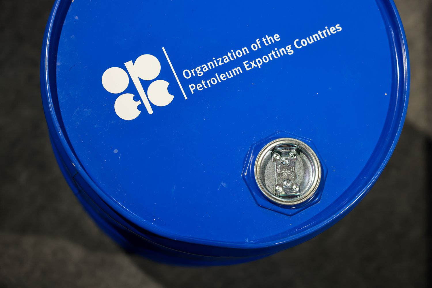 The logo for the Organization of the Petroleum Exporting Countries on a blue barrel
