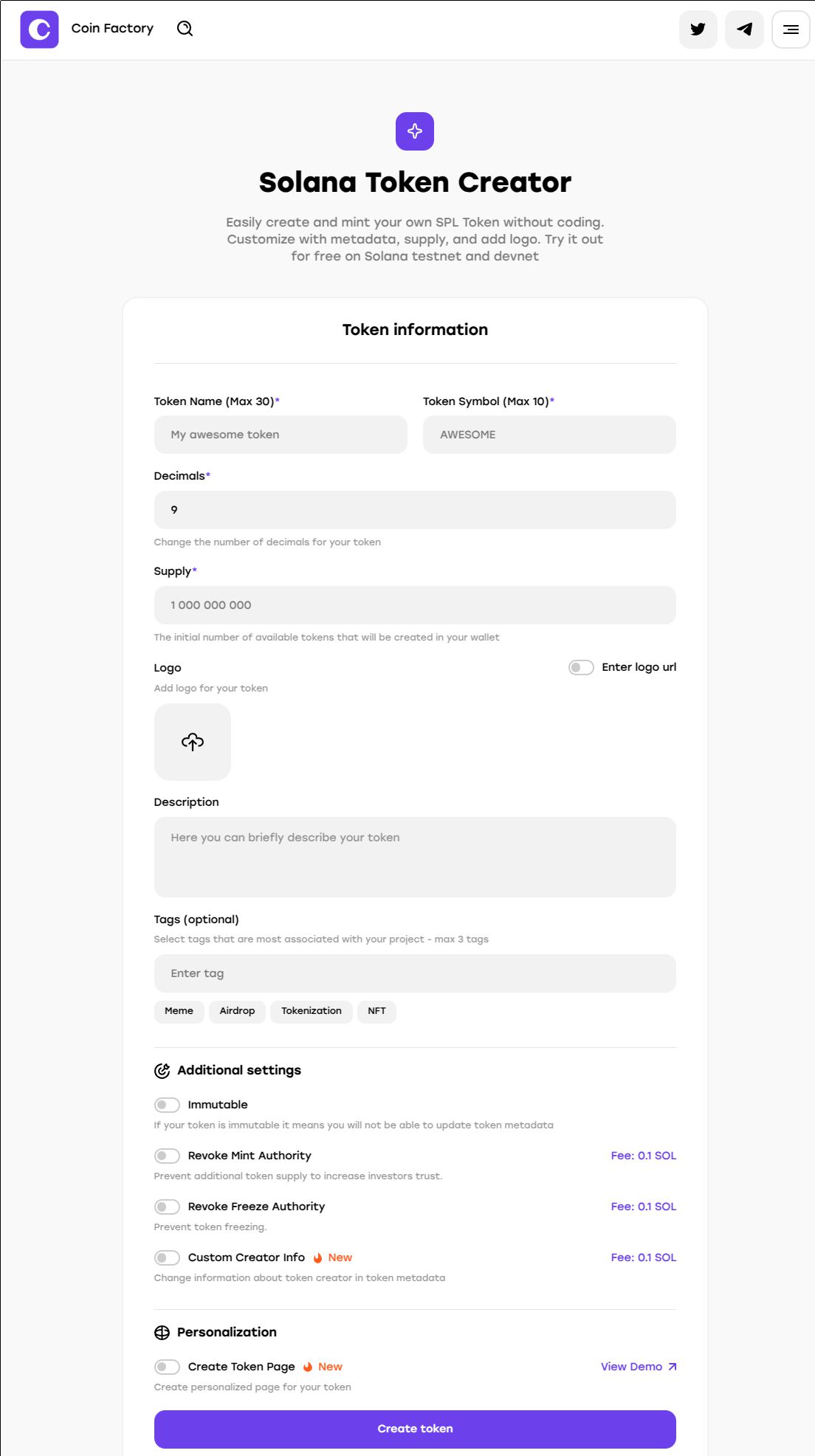 Coin Factory Solana Token Creator