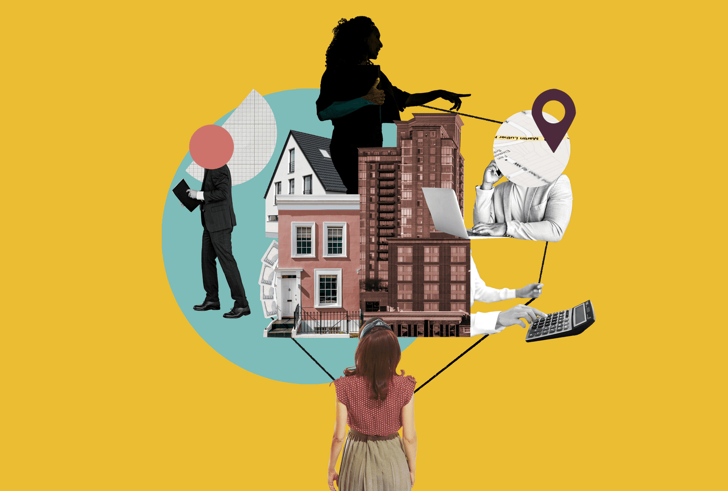 Collage of varying members of a homebuying team, surrounding a house.