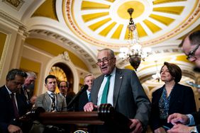 Senate Minority Leader Chuck Schumer, a Democrat from New York, speaks during a news conference following the weekly Senate Democrat policy luncheon at the US Capitol in Washington, DC, US, on Tuesday, March 11, 2025.