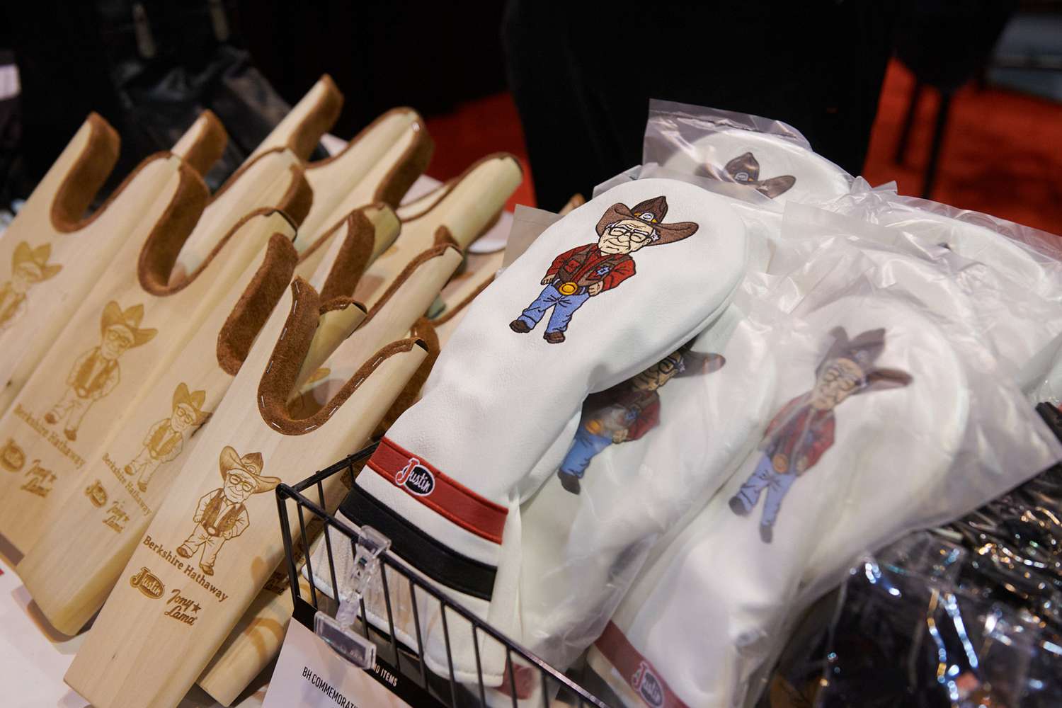 Merchandise with images depicting Berkshire Hathaway CEO Warren Buffet during a shareholders shopping day ahead of the Berkshire Hathaway annual shareholders meeting in Omaha, Nebraska on May 2, 2025