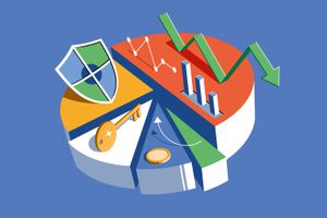 Illustration of a pie chart with financial symbols, depicting different pieces of an investment portfolio.