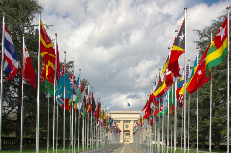 National flags gallery at the entrance to the united nations in Geneva, Switzerland
