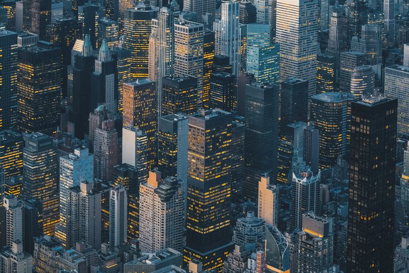 Aerial view of NYC skyline at sunset