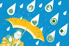 Illustration of a man in glasses with his son under an umbrella.