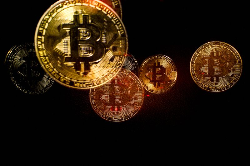 Bitcoins on a black background 