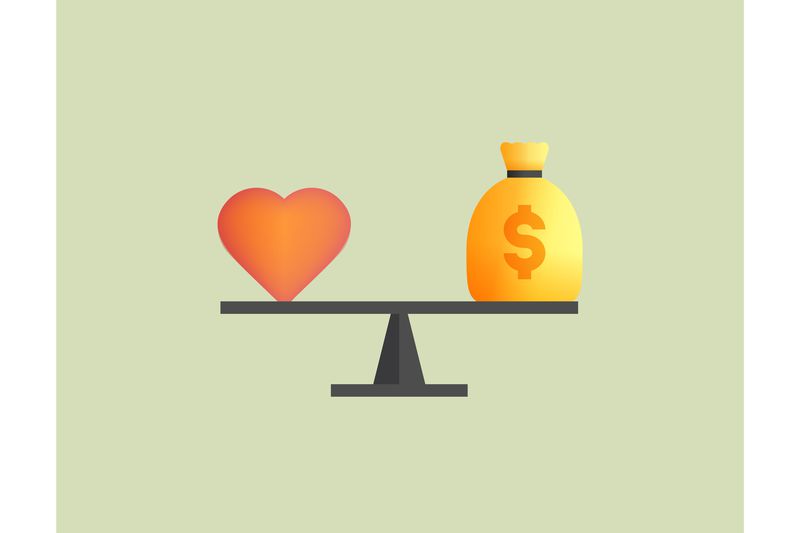 Heart and a bag of money on a scale