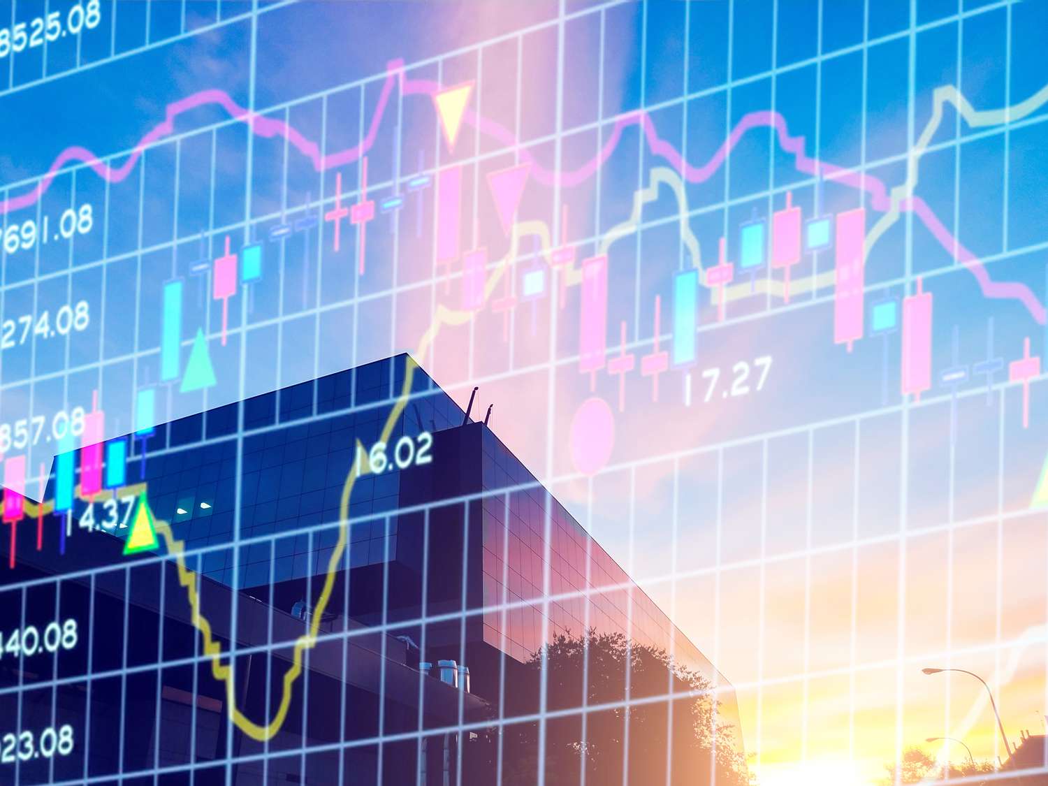 Financial chart with a reflection of a sun and city skyline