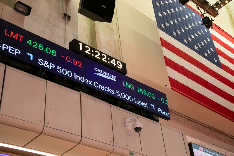 A ticker showing the S&P 500 on the NYSE building