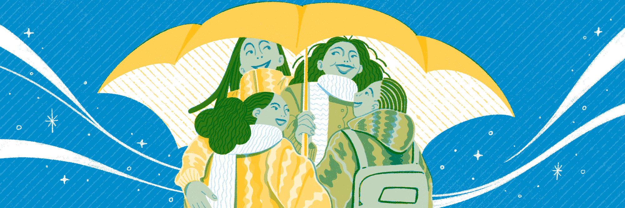 Illustration of a family under an umbrella.