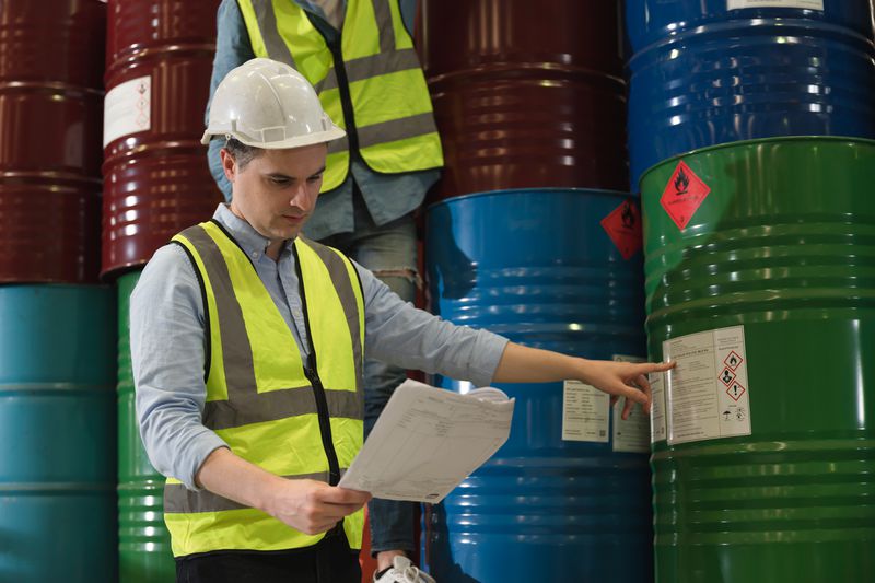 Engineer checking oil barrels before shipping out for export.