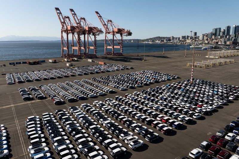 New Hyundai and Kia vehicles at the Port of Seattle in Seattle on April 16, 2025