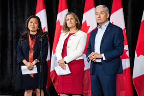 Mary Ng, Canada's export promotion, international trade and economic development minister, from left, Chrystia Freeland, Canada's deputy prime minister and finance minister, and Francois-Philippe Champagne, Canada's innovation, science and industry minister, during a news conference at a cabinet retreat in Halifax, Nova Scotia, Canada, on Monday, Aug. 26, 2024