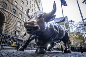 The Charging Bull bronze sculpture, also known as Wall Street Bull or Bowling Green Bull in New York City .