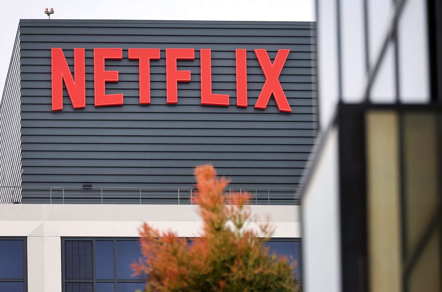 The Netflix logo on display on a building.