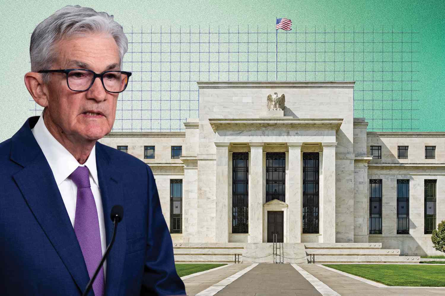This photo composite shows Federal Reserve building in the background with Chair Jerome Powell in the foreground.