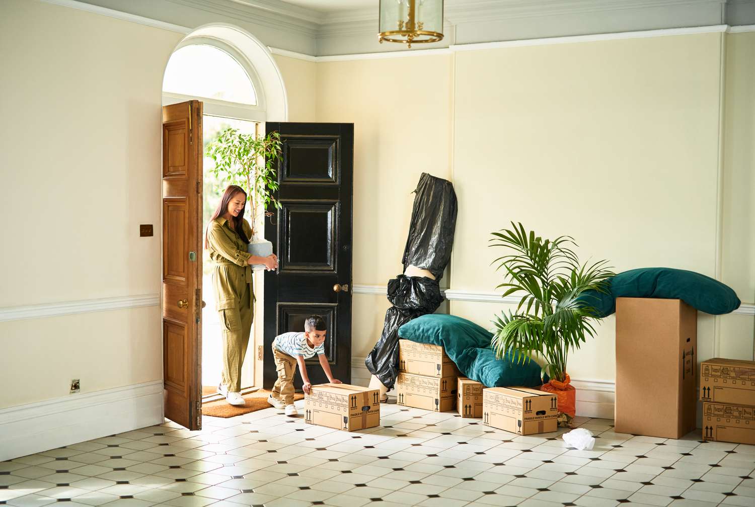 A family moves into their new house that is bought with a purchase-money mortgage.
