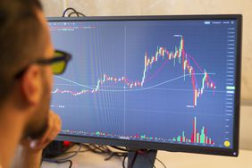 An technical investor looks at a computer monitor showing the price movement of a security and includes support and resistance level lines.