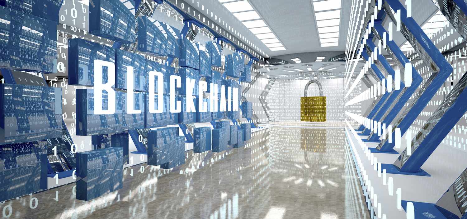 Digital room with padlock and word blockchain, 3d illustration