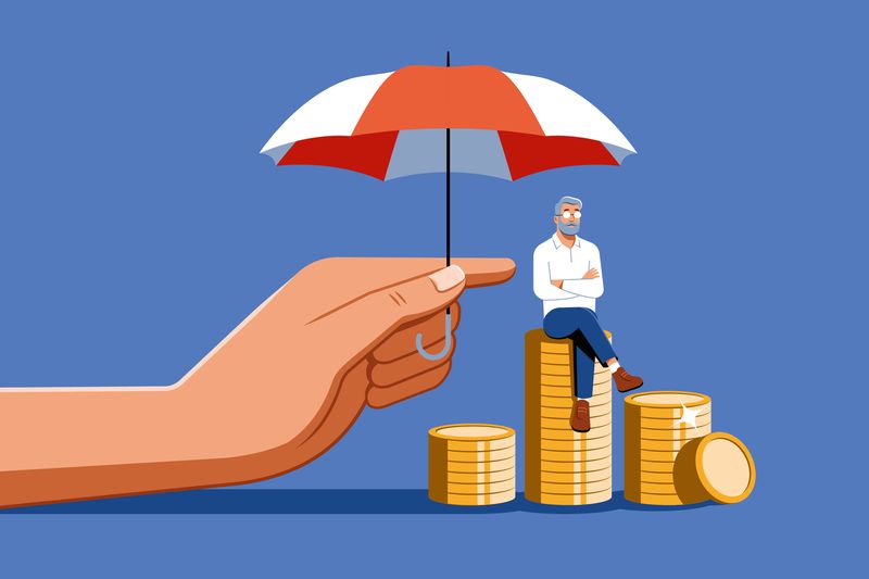 Illustration showing a person sitting on stacked coins under a large umbrella held by a hand.