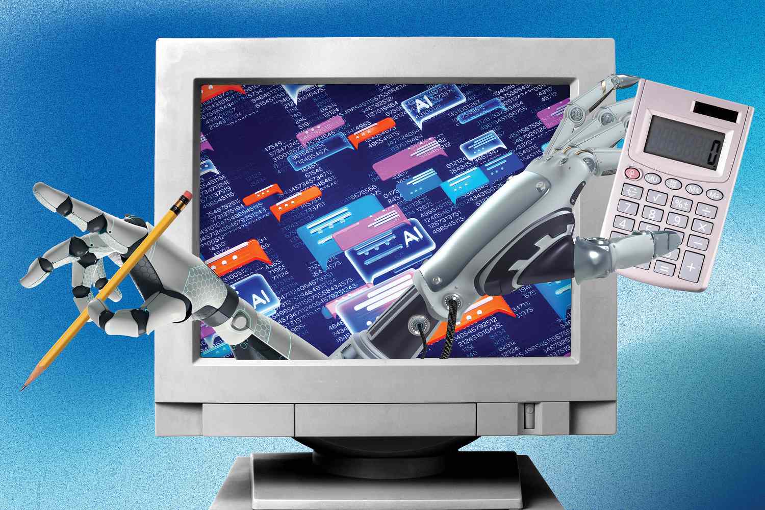 Robot hands come out of a computer screen in this photo composite. One holds a calculator and the other holds a pencil. 