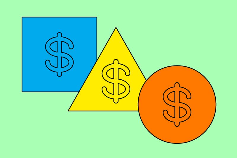 Icons of a square, triangle, and circle with dollar signs over them