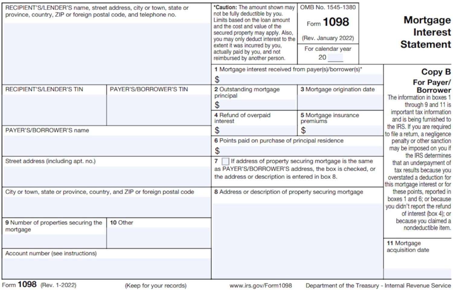 Form 1098 Mortgage Interest Statement