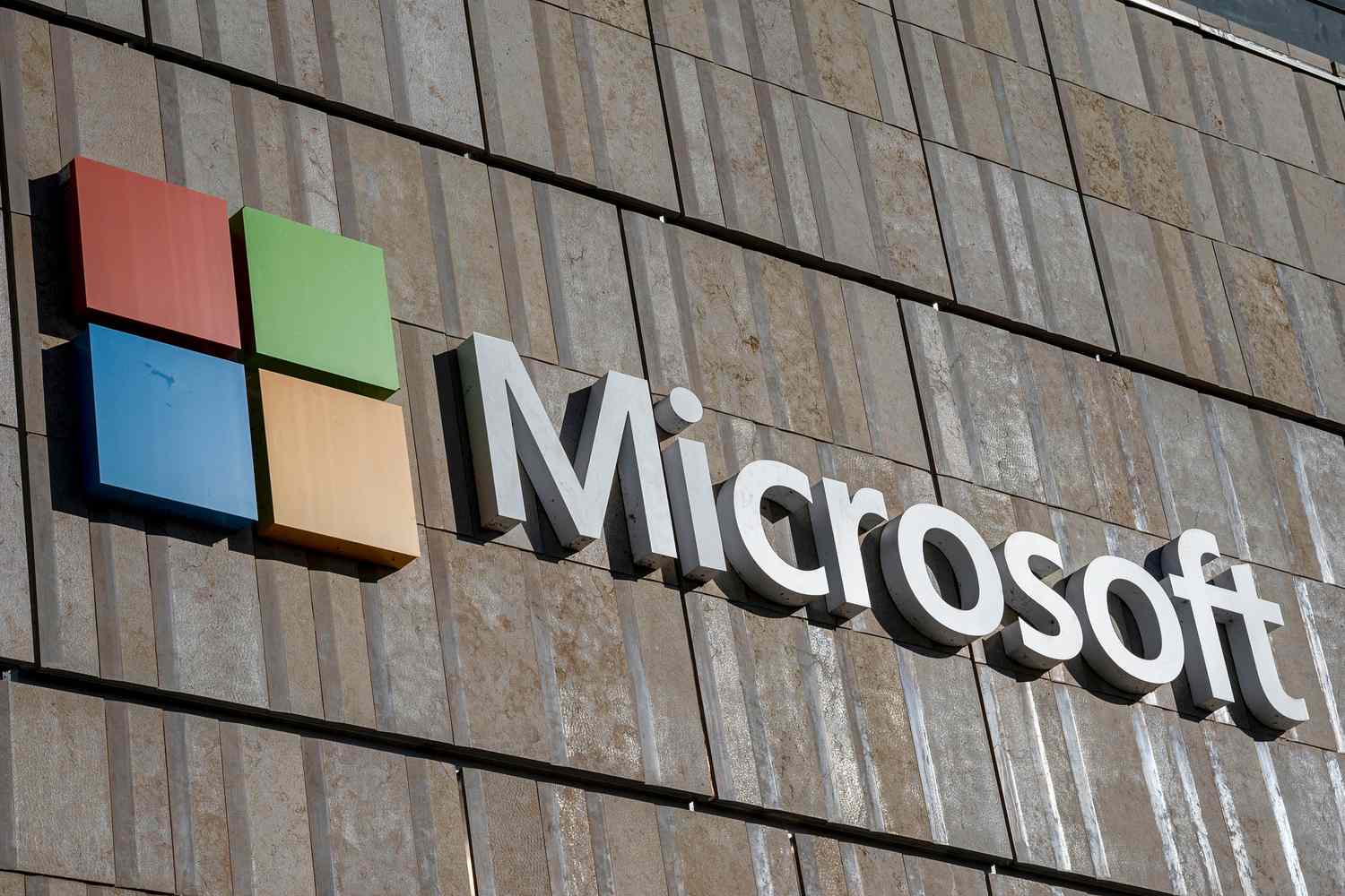 Signage outside the Microsoft headquarters building in Mountain View, California