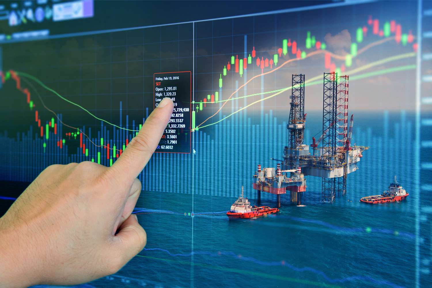 Stock market concept with oil rig in the gulf.