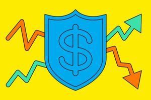 A shield with a dollar symbol is overlaid on upward and downward facing arrow graphs