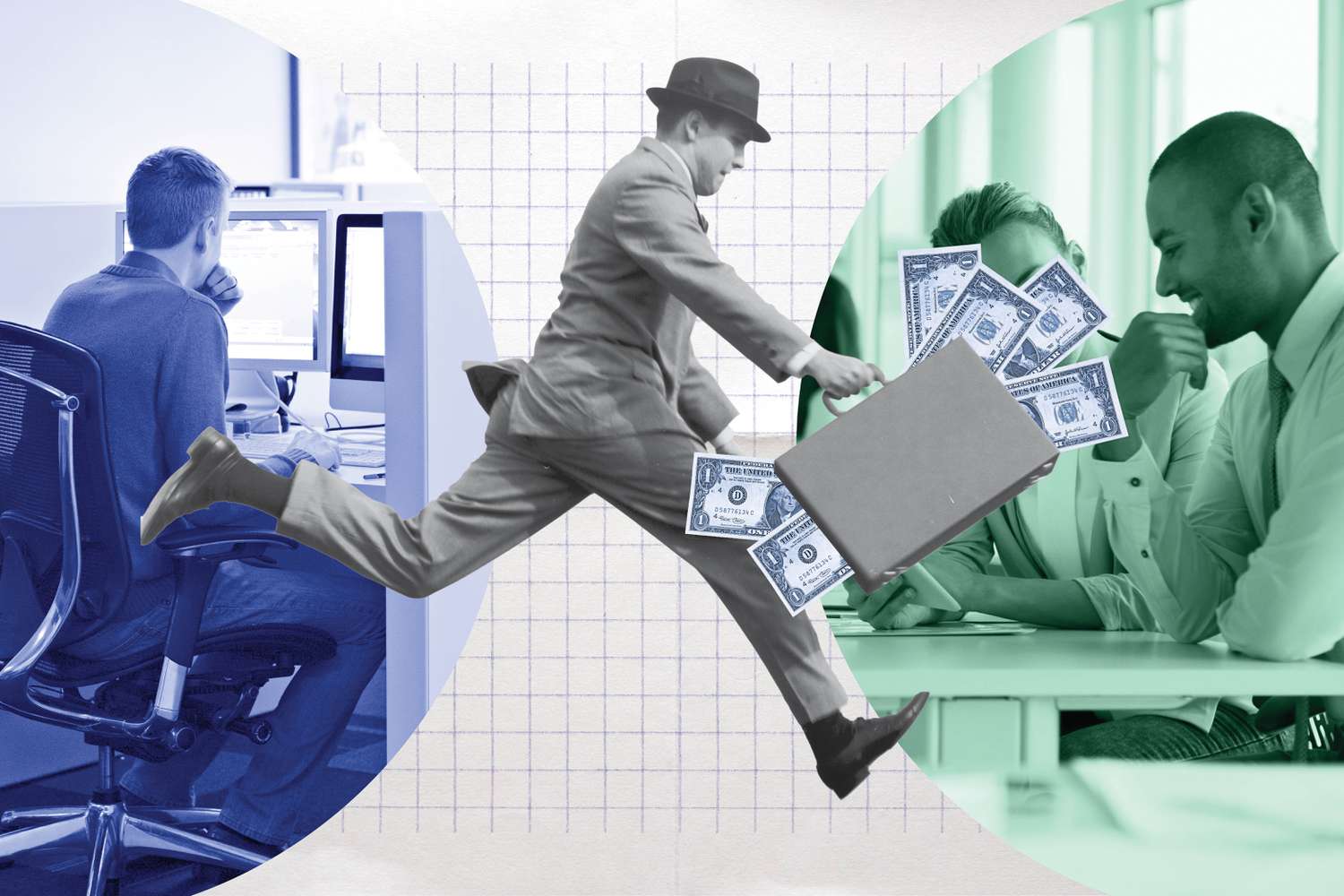 illustration showing a person at work, switching jobs and a couple debating financial decisions
