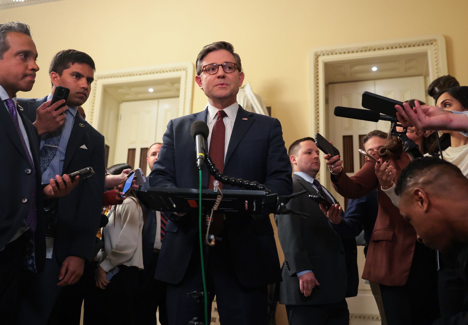 U.S. Speaker of the House Mike Johnson (R-LA) speaks to media after the House passed a Republican budget resolution.