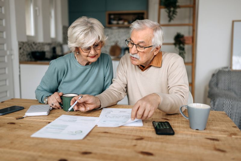 Older couple looking at paperwork at kitchen table