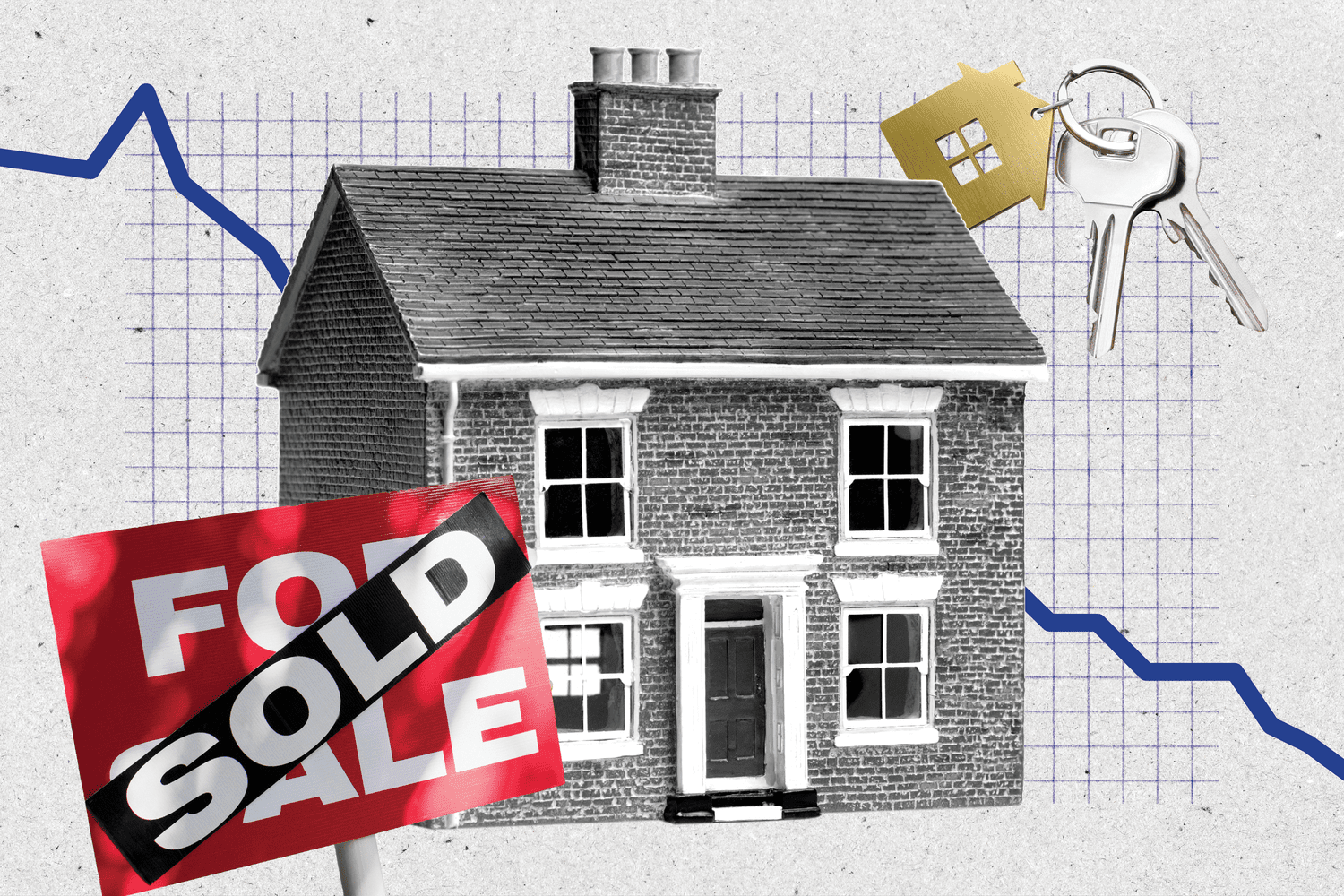 illustration of housing market, home with for sale and sold sign