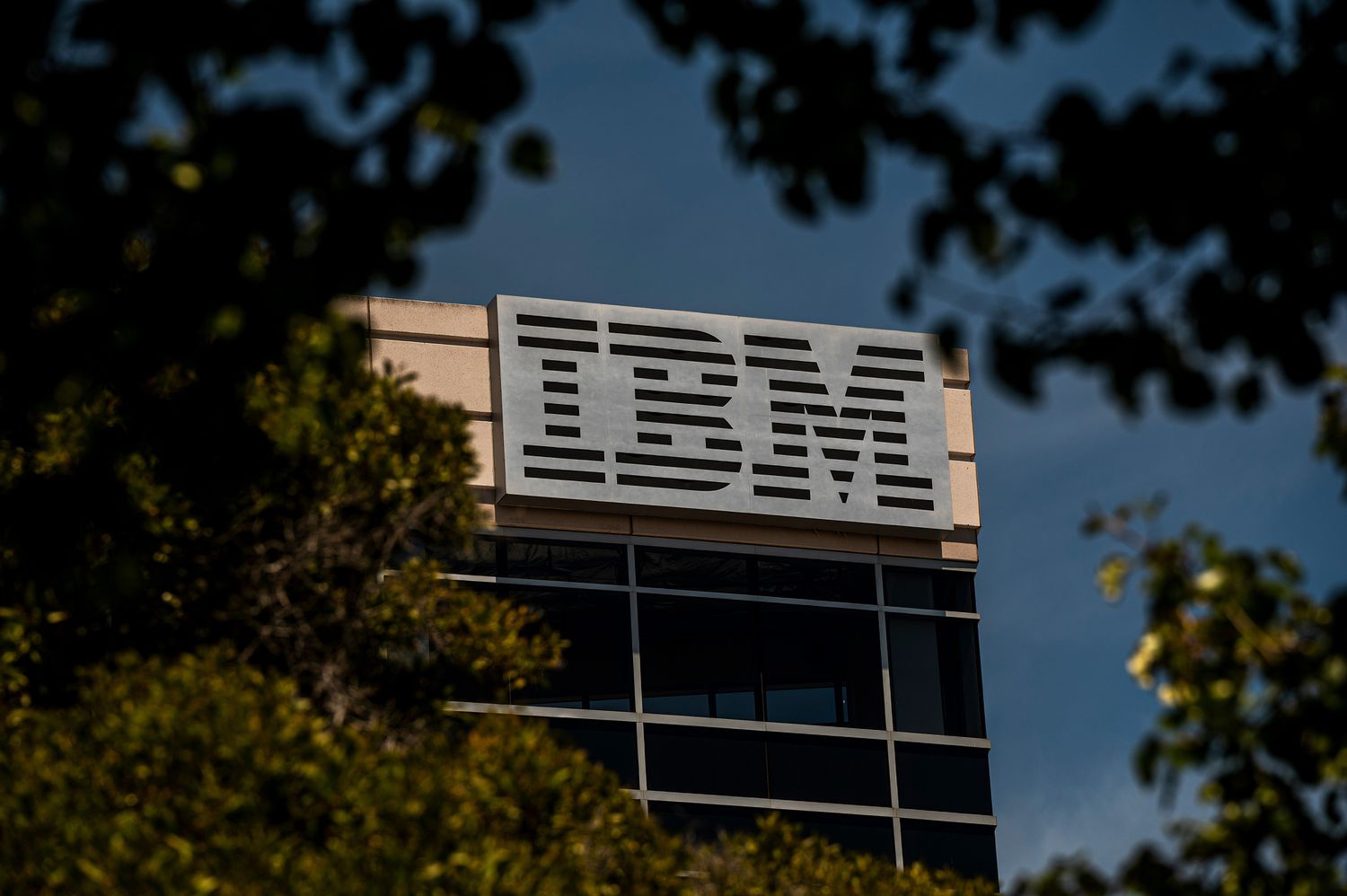 IBM logo on building in Foster City, California.