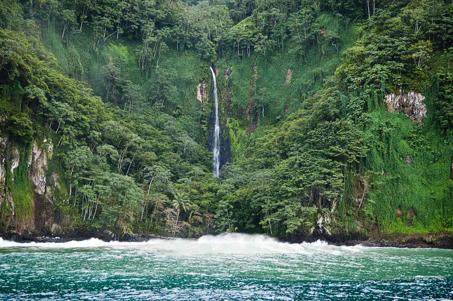 Waterfall nestled in the beautiful scenery of Cocos Island National Park.